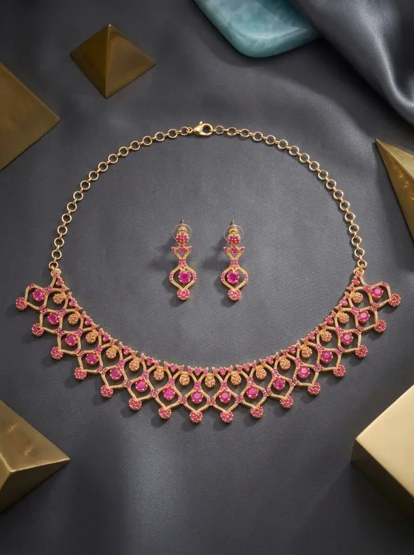 Antique_Ruby_CZ_Choker_Necklace_Set_|_Gold-Plated_Temple-Style_Bridal_Jewellery_with_Earrings