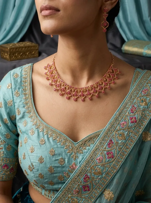 Antique_Ruby_CZ_Choker_Necklace_Set_|_Gold-Plated_Temple-Style_Bridal_Jewellery_with_Earrings