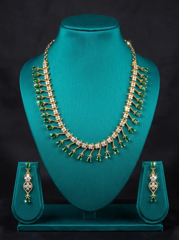 Vosgi_Gold_Plated_Emerald_Green_Drop_&_White_CZ_Necklace_Set