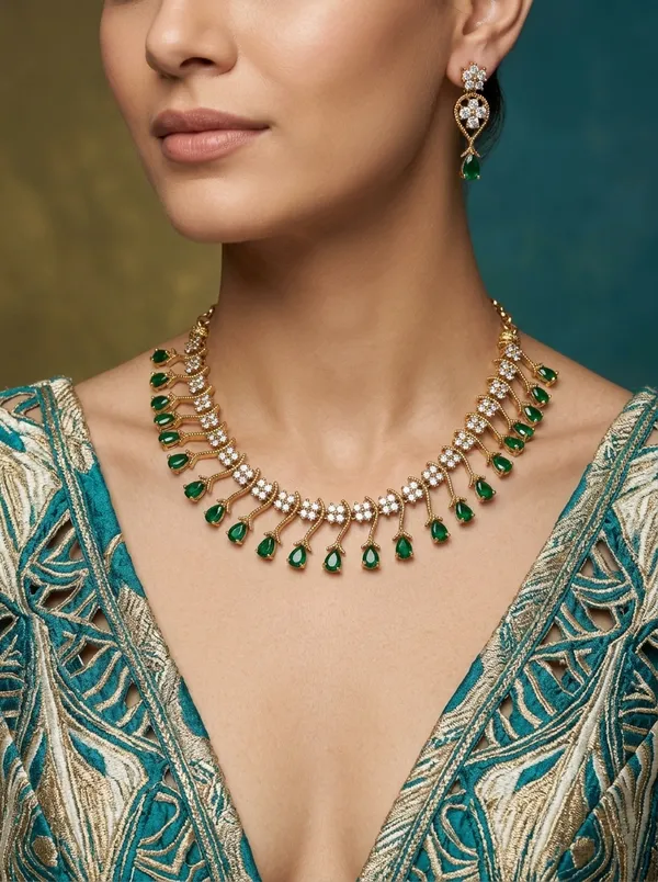 Vosgi_Gold_Plated_Emerald_Green_Drop_&_White_CZ_Necklace_Set