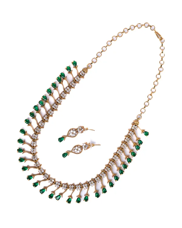 Vosgi_Gold_Plated_Emerald_Green_Drop_&_White_CZ_Necklace_Set