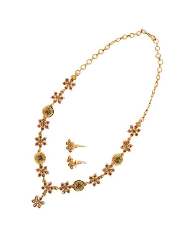Vosgi_Gold_Plated_Floral_Cluster_Ruby_Pink_&_Green_Accent_Necklace_Set