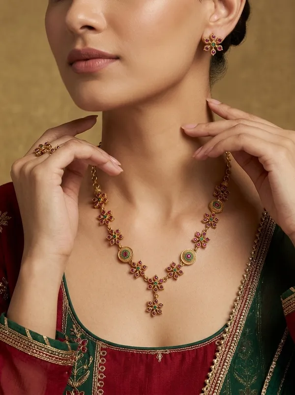 Vosgi_Gold_Plated_Floral_Cluster_Ruby_Pink_&_Green_Accent_Necklace_Set