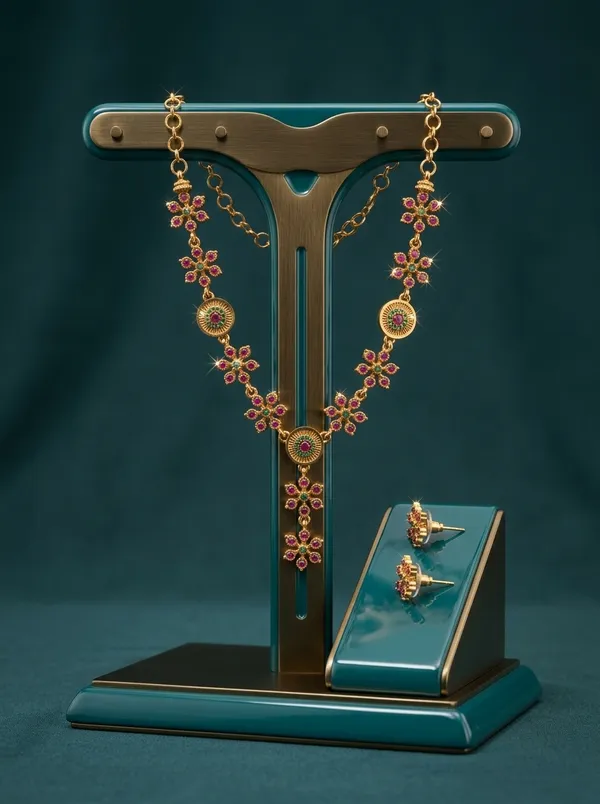 Vosgi_Gold_Plated_Floral_Cluster_Ruby_Pink_&_Green_Accent_Necklace_Set