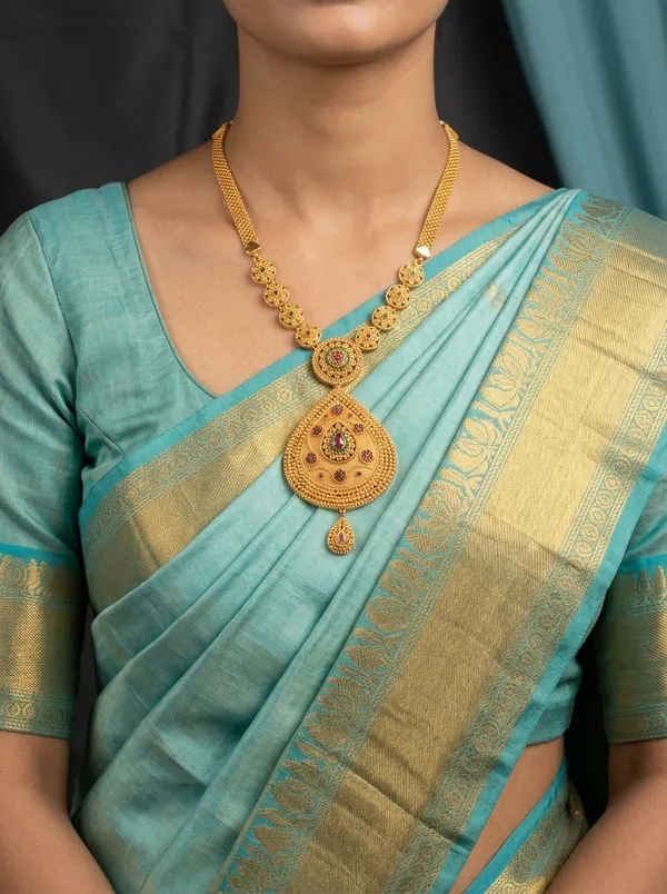 Royal_Teardrop_CZ_Temple_Necklace_|_Antique_Gold-Plated_Long_Haar_with_Floral_Coin_Detailing