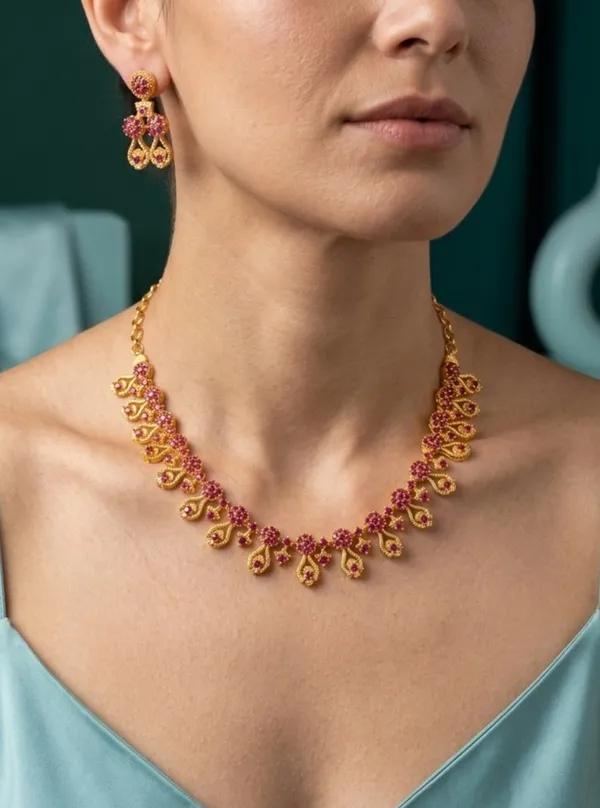 Ruby_Pink_Floral_Bloom_Statement_Necklace_Set_|_High-Quality_Long-Lasting_Jewellery