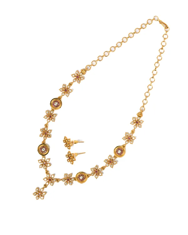 Vosgi_Gold_Plated_Floral_Cluster_White_CZ_&_Ruby_Accent_Necklace_Set