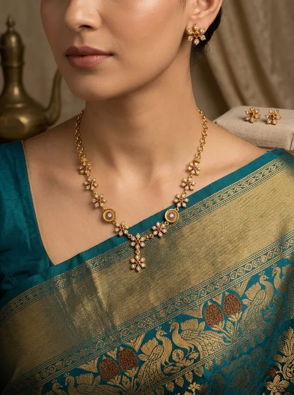 Vosgi_Gold_Plated_Floral_Cluster_White_CZ_&_Ruby_Accent_Necklace_Set