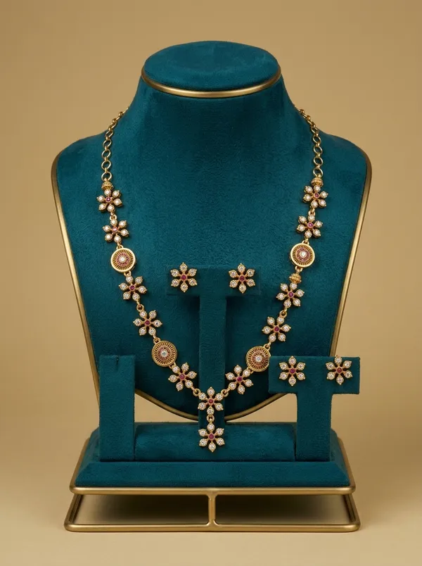 Vosgi_Gold_Plated_Floral_Cluster_White_CZ_&_Ruby_Accent_Necklace_Set