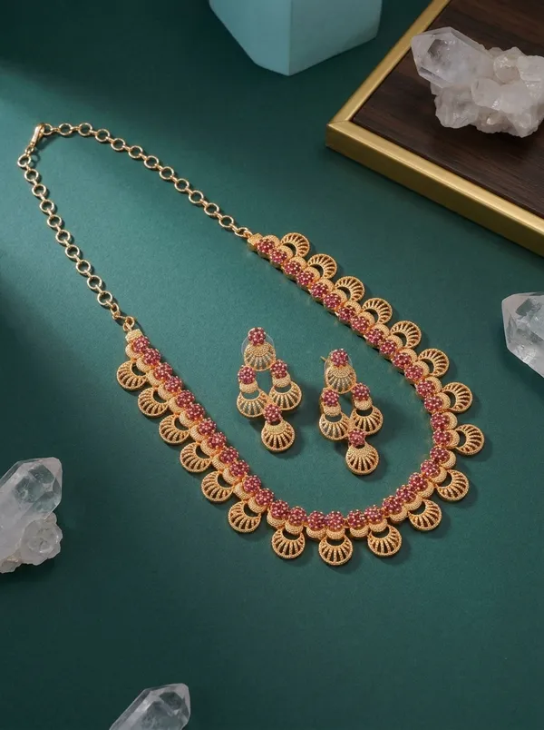 Ruby_Pink_Ruby_Fan_Motif_Necklace_Set_|_High-Quality_Long-Lasting_Jewellery