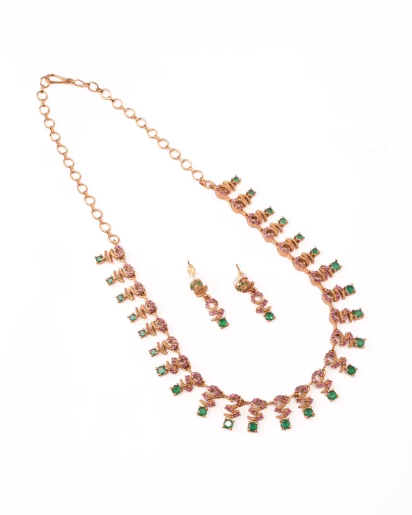 Antique_Ruby_Emerald_CZ_Floral_Leaf_Necklace_Set_|_Gold-Plated_Temple_Jewellery_with_Matching_Earrings