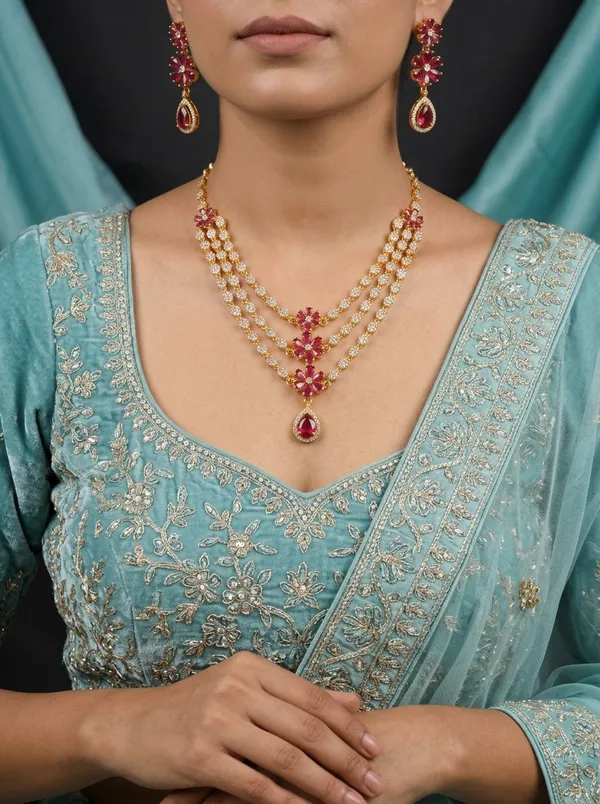 Ruby_Red_CZ_Bridal_Necklace_Set_|_Triple-Strand_Gold-Plated_Festive_Jewellery_with_Earrings