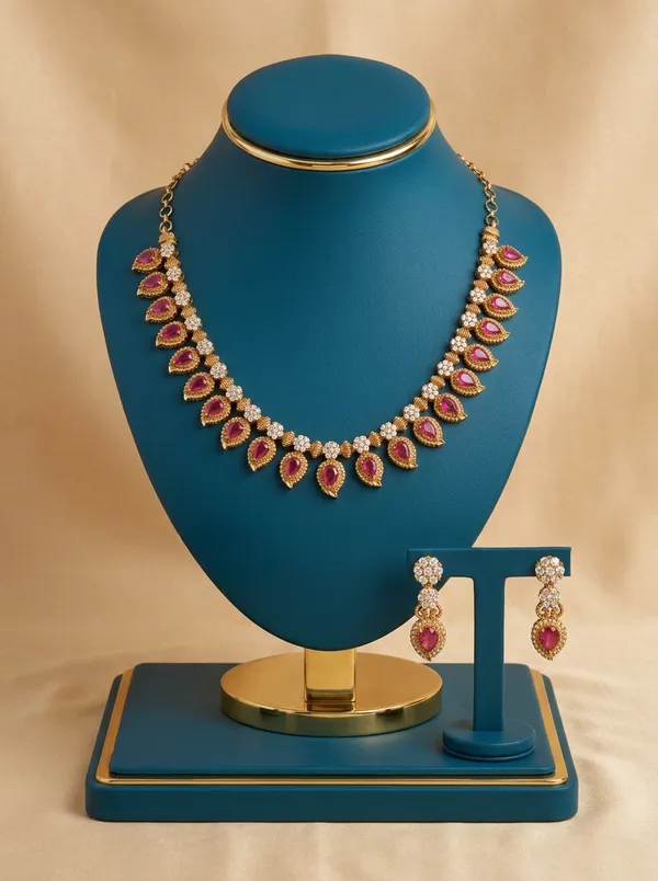 Vosgi_Gold_Plated_Ruby_Pink_Mango_Paisley_&_White_CZ_Necklace_Set