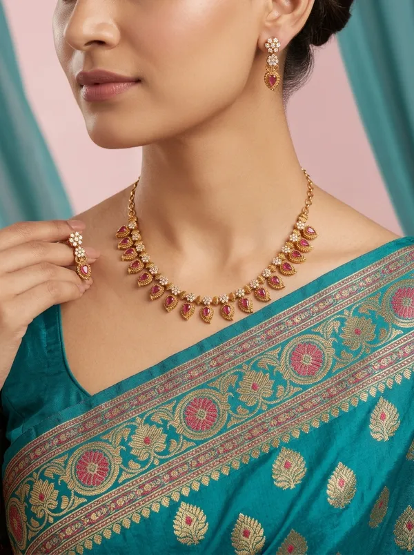 Vosgi_Gold_Plated_Ruby_Pink_Mango_Paisley_&_White_CZ_Necklace_Set
