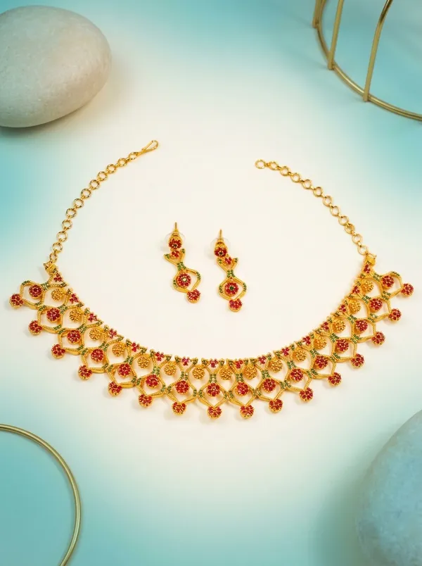Heritage_Ruby_CZ_Choker_Necklace_Set_|_Gold-Plated_Antique_Bridal_Jewellery_with_Earrings