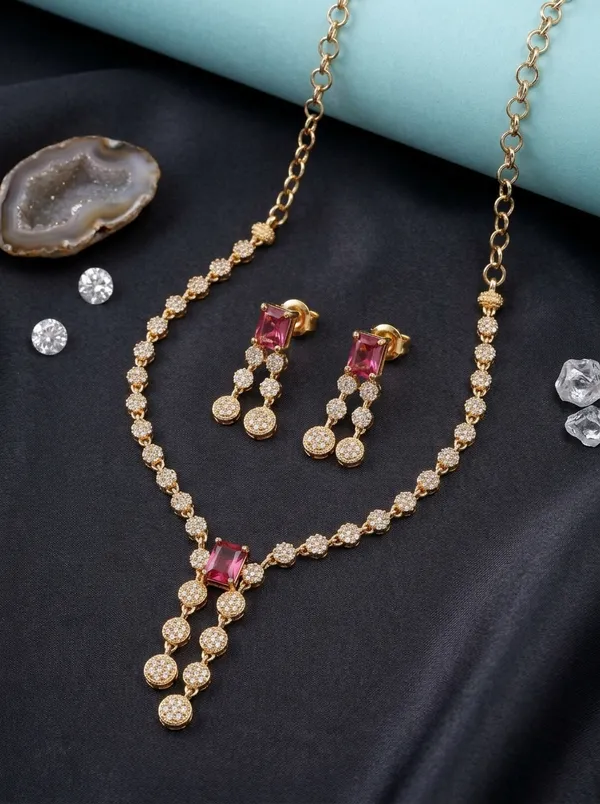 Ruby_Pink_Crystal_Link_Statement_Necklace_Set_|_High-Quality_Long-Lasting_Jewellery