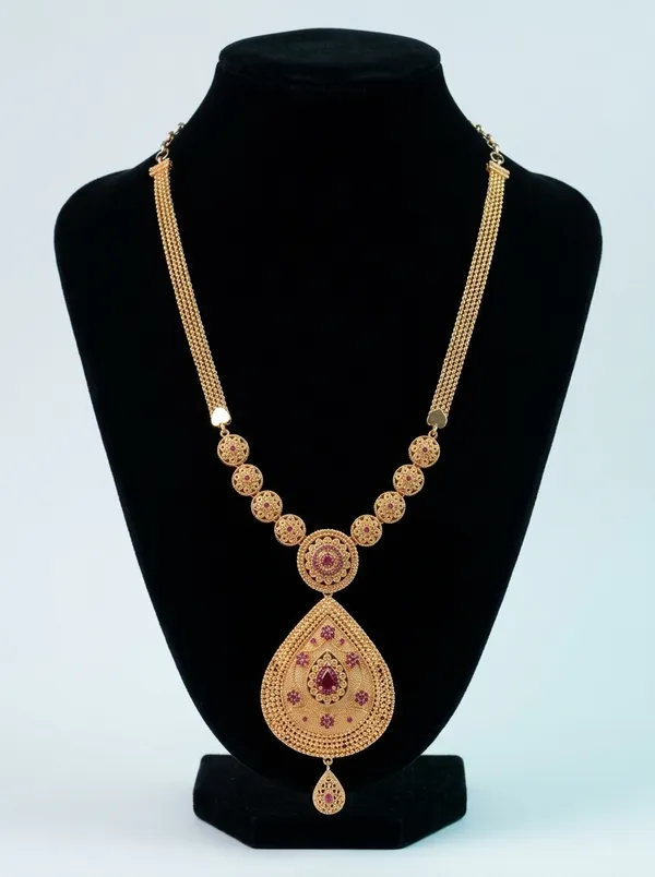 Antique_Gold_Temple_Jewellery_Long_Chain_Necklace_with_Ruby_&_Emerald_CZ_Teardrop_Pendant