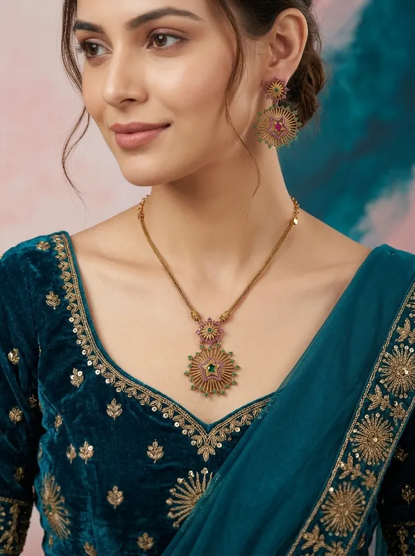 Vosgi_Gold_Plated_Celestial_Sunburst_&_Star_Emerald_Green_&_Ruby_Pink_CZ_Long_Pendant_Necklace