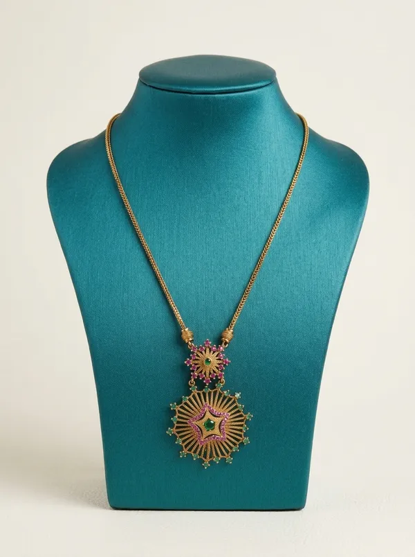 Vosgi_Gold_Plated_Celestial_Sunburst_&_Star_Emerald_Green_&_Ruby_Pink_CZ_Long_Pendant_Necklace