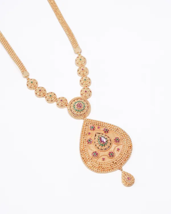 Royal_Teardrop_CZ_Temple_Necklace_|_Antique_Gold-Plated_Long_Haar_with_Floral_Coin_Detailing