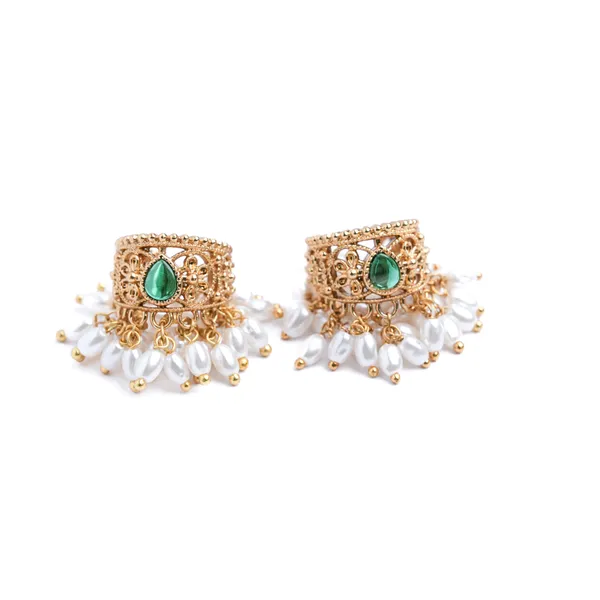 Vosgi_Gold_Plated_Antique_Filigree_&_Emerald_Green_Tear_Drop_Pearl_Fringe_Ring_Set