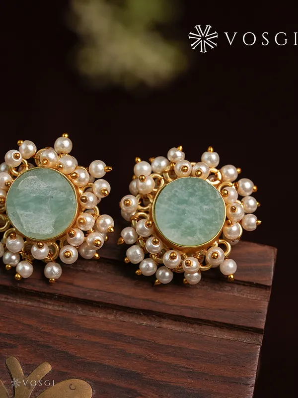 Vosgi_Mint_Green_Stone_Pearl_Cluster_Gold_Plated_Stud_Earrings
