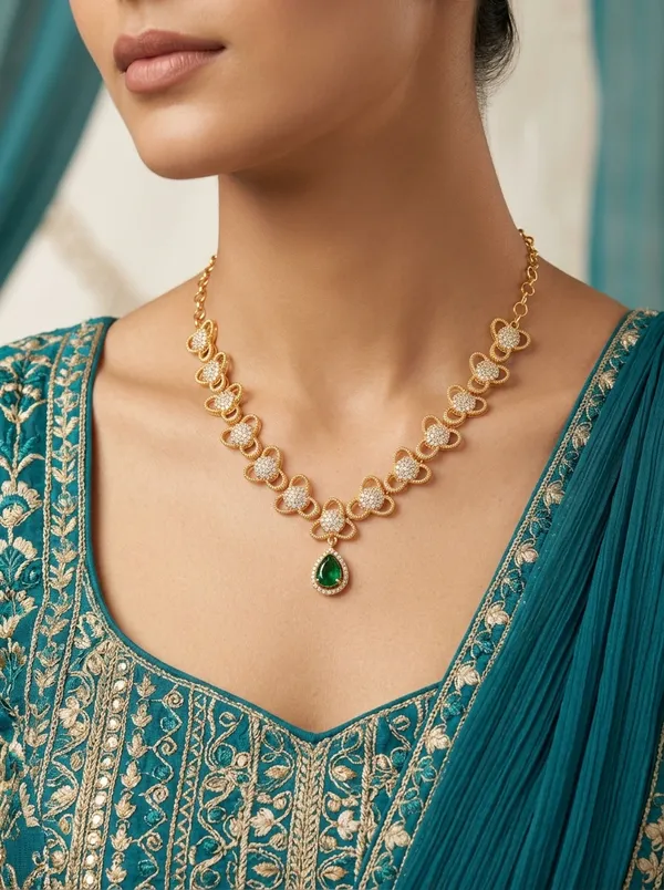 Vosgi_Green_Stone_Floral_Gold_Necklace_South_Indian_Style
