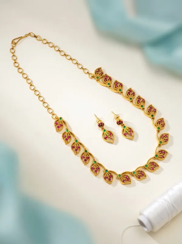 Ruby_Emerald_CZ_Leaf_Teardrop_Necklace_Set_|_Gold-Plated_Bridal_Temple_Jewellery_with_Earrings