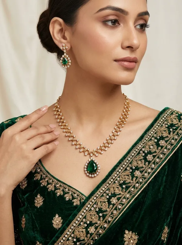 Vosgi_Gold_Plated_Emerald_Green_Teardrop_Pendant_&_White_CZ_Lattice_Necklace_Set