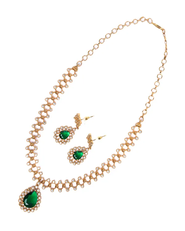 Vosgi_Gold_Plated_Emerald_Green_Teardrop_Pendant_&_White_CZ_Lattice_Necklace_Set