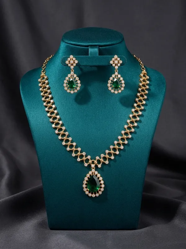 Vosgi_Gold_Plated_Emerald_Green_Teardrop_Pendant_&_White_CZ_Lattice_Necklace_Set