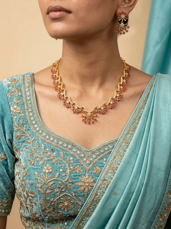 Crystal_Pearl_Ruby_CZ_Vine_Necklace_Set_|_Gold-Plated_Bridal_Jewellery_with_Earrings