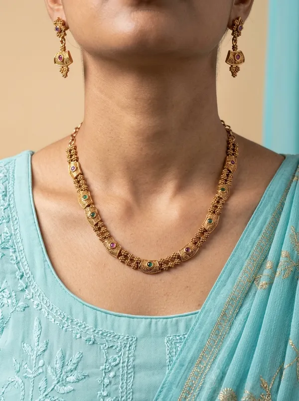 Antique_Ruby_Emerald_CZ_Arch_Necklace_Set_|_Gold-Plated_Temple_Jewellery_with_Matching_Earrings