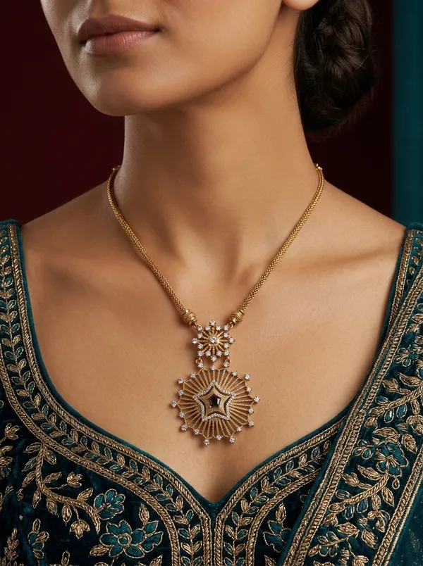 Vosgi_Gold_Plated_Celestial_Sunburst_&_Star_Lavender_CZ_Long_Pendant_Necklace
