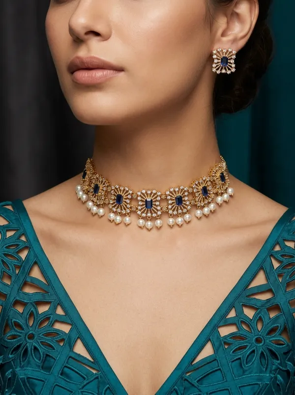 Vosgi_Blue_Stone_Pearl_Drop_Choker_Necklace_Set_Design