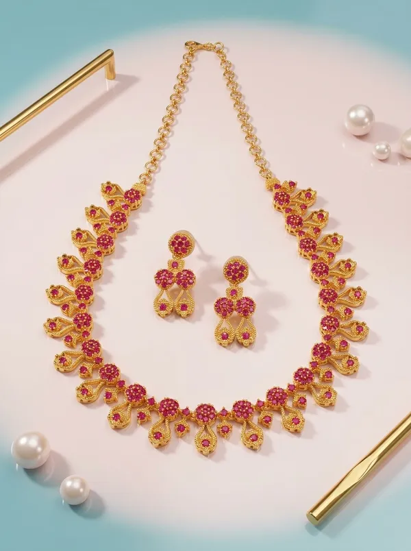 Ruby_Pink_Floral_Bloom_Statement_Necklace_Set_|_High-Quality_Long-Lasting_Jewellery