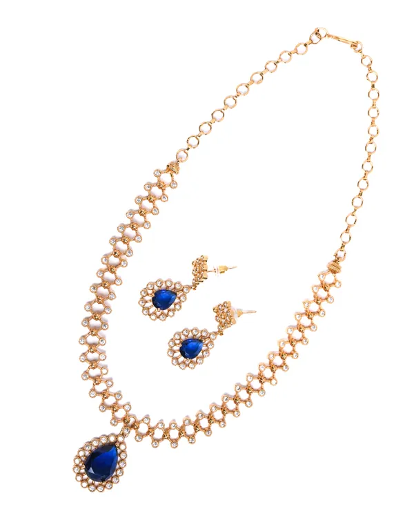 Vosgi_Gold_Plated_Sapphire_Blue_Teardrop_Pendant_&_White_CZ_Lattice_Necklace_Set