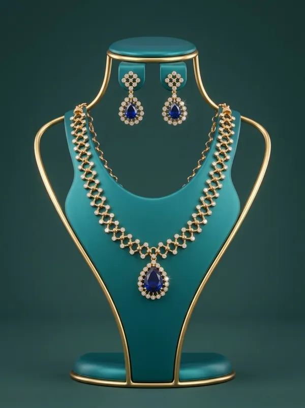 Vosgi_Gold_Plated_Sapphire_Blue_Teardrop_Pendant_&_White_CZ_Lattice_Necklace_Set