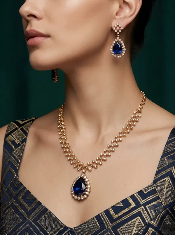 Vosgi_Gold_Plated_Sapphire_Blue_Teardrop_Pendant_&_White_CZ_Lattice_Necklace_Set