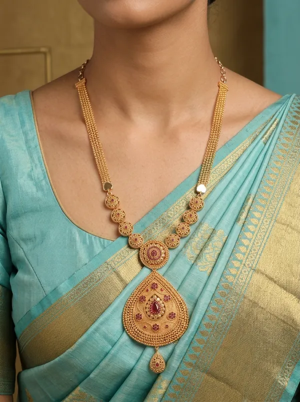 Antique_Gold_Temple_Jewellery_Long_Chain_Necklace_with_Ruby_&_Emerald_CZ_Teardrop_Pendant