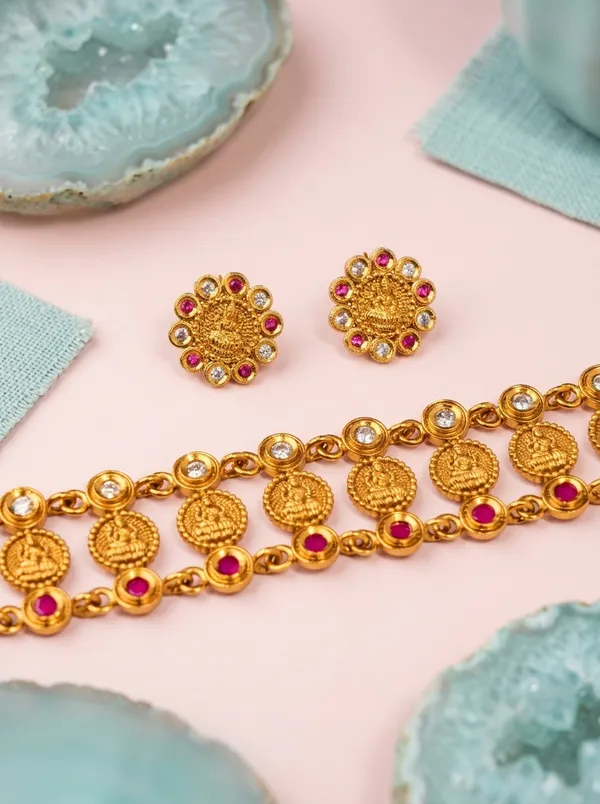 Floral_Crystal_Ruby_CZ_Bridal_Necklace_Set_|_Gold-Plated_Ethnic_Jewellery_with_Earrings