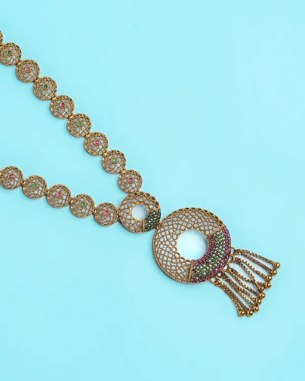 Vosgi_Gold_Plated_Intricate_Filigree_Circular_Medallion_Emerald_&_Ruby_CZ_Long_Necklace