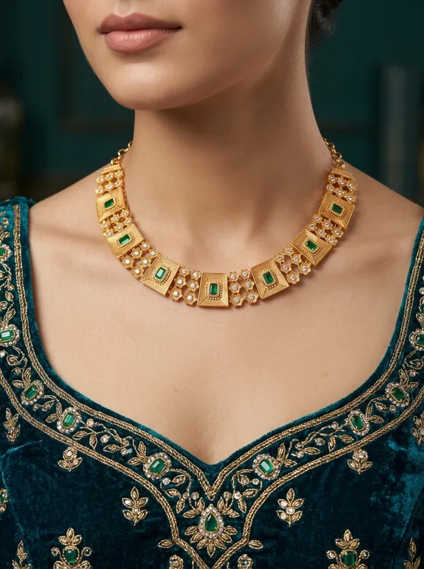 Vosgi_Green_Emerald_CZ_Stone_Gold_Plated_South_Indian_Choker