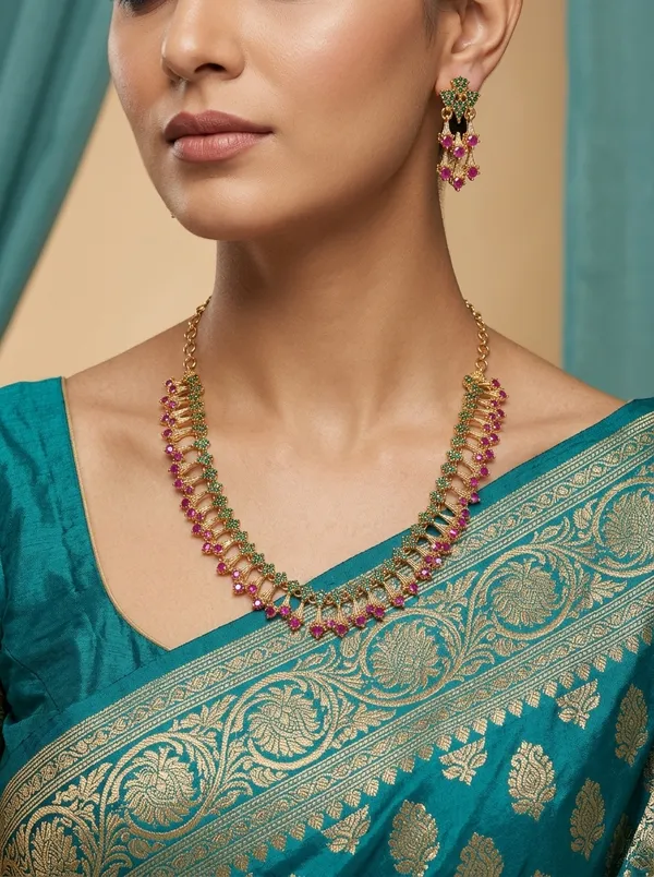 Vosgi_Pink_Green_Stone_South_Indian_Gold_Necklace_Set