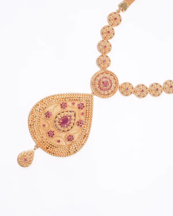 Antique_Gold_Temple_Jewellery_Long_Chain_Necklace_with_Ruby_&_Emerald_CZ_Teardrop_Pendant