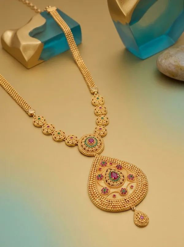 Royal_Teardrop_CZ_Temple_Necklace_|_Antique_Gold-Plated_Long_Haar_with_Floral_Coin_Detailing