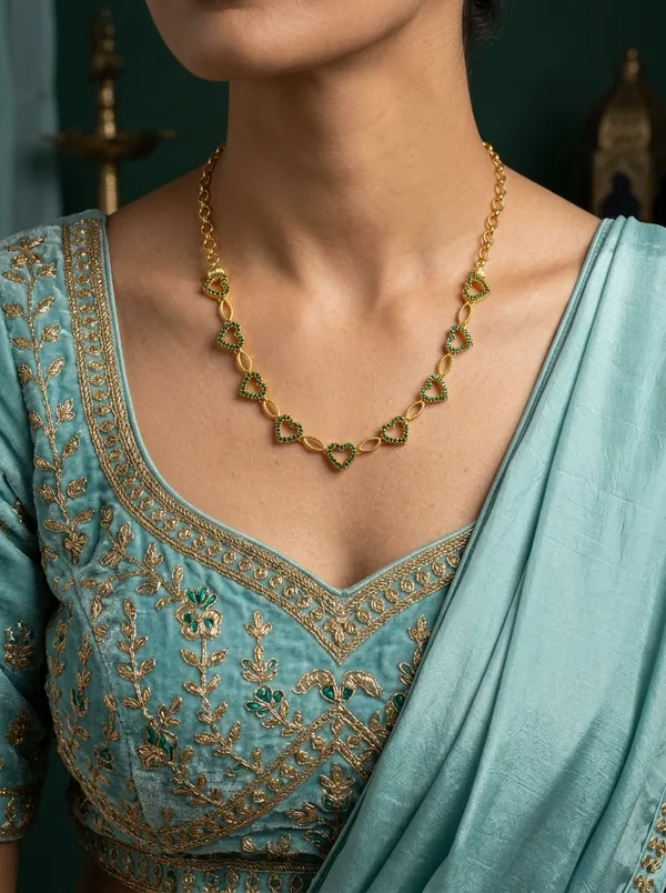 Heart-Link_Emerald_CZ_Chain_Necklace_Set_|_Gold-Plated_Daily-Wear_Jewellery_with_Earrings