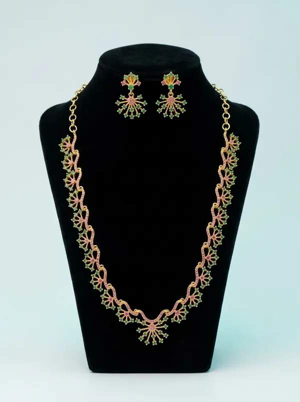 Ruby_Emerald_CZ_Floral_Vine_Necklace_Set_|_Gold-Plated_Bridal_Jewellery_with_Earrings
