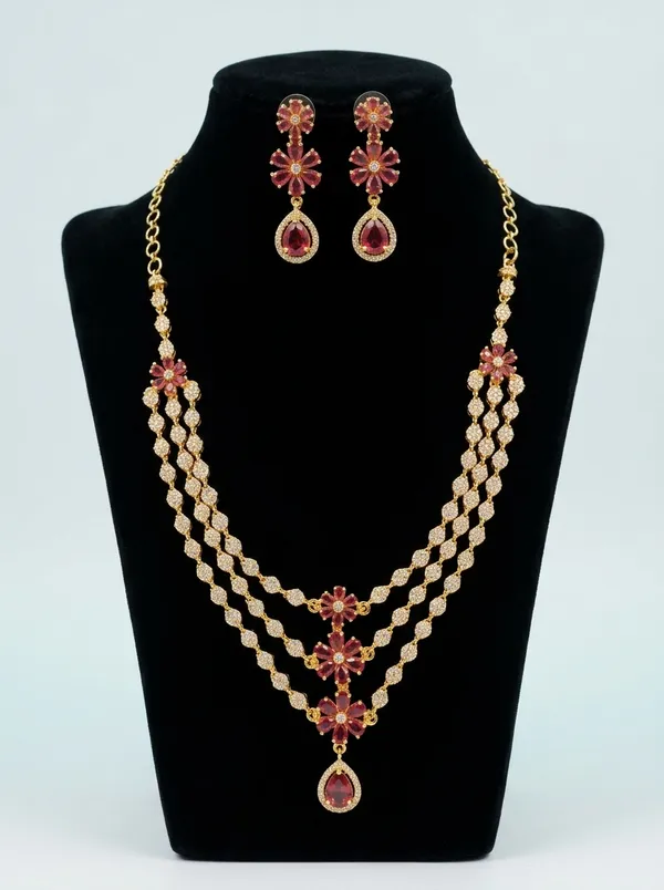 Ruby_Red_CZ_Bridal_Necklace_Set_|_Triple-Strand_Gold-Plated_Festive_Jewellery_with_Earrings
