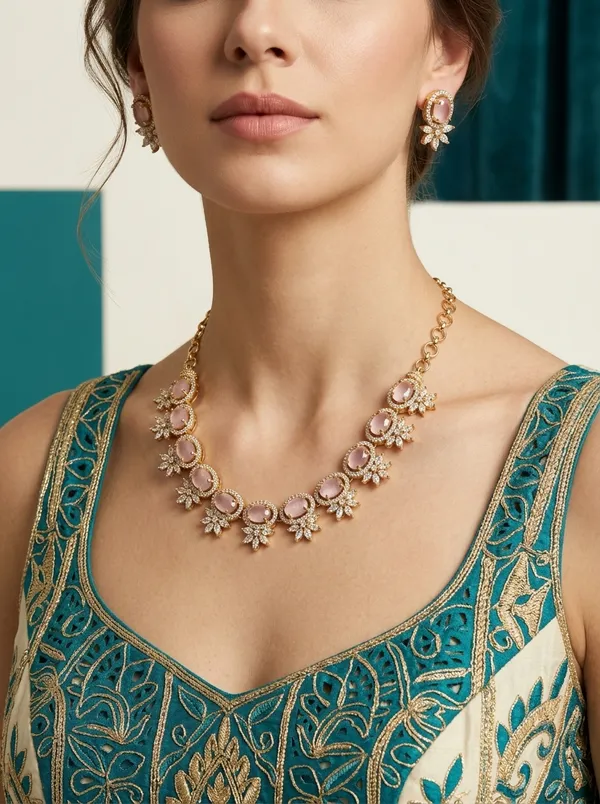 Vosgi_Light_Pink_Stone_Floral_Cluster_Necklace_Set_Design